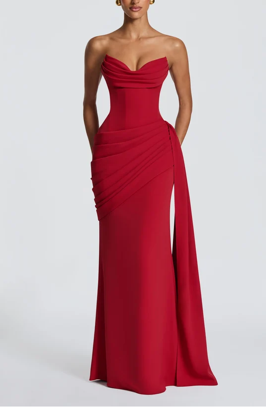 Strapless Cowl Neck Lace-Up Backless Ruched Mermaid Evening Maxi Dress