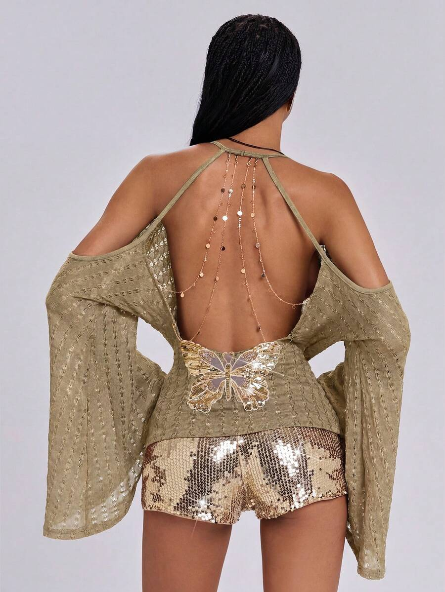 Shimmer Cold Shoulder Cowl Neck Open Back Flare Sleeve Top