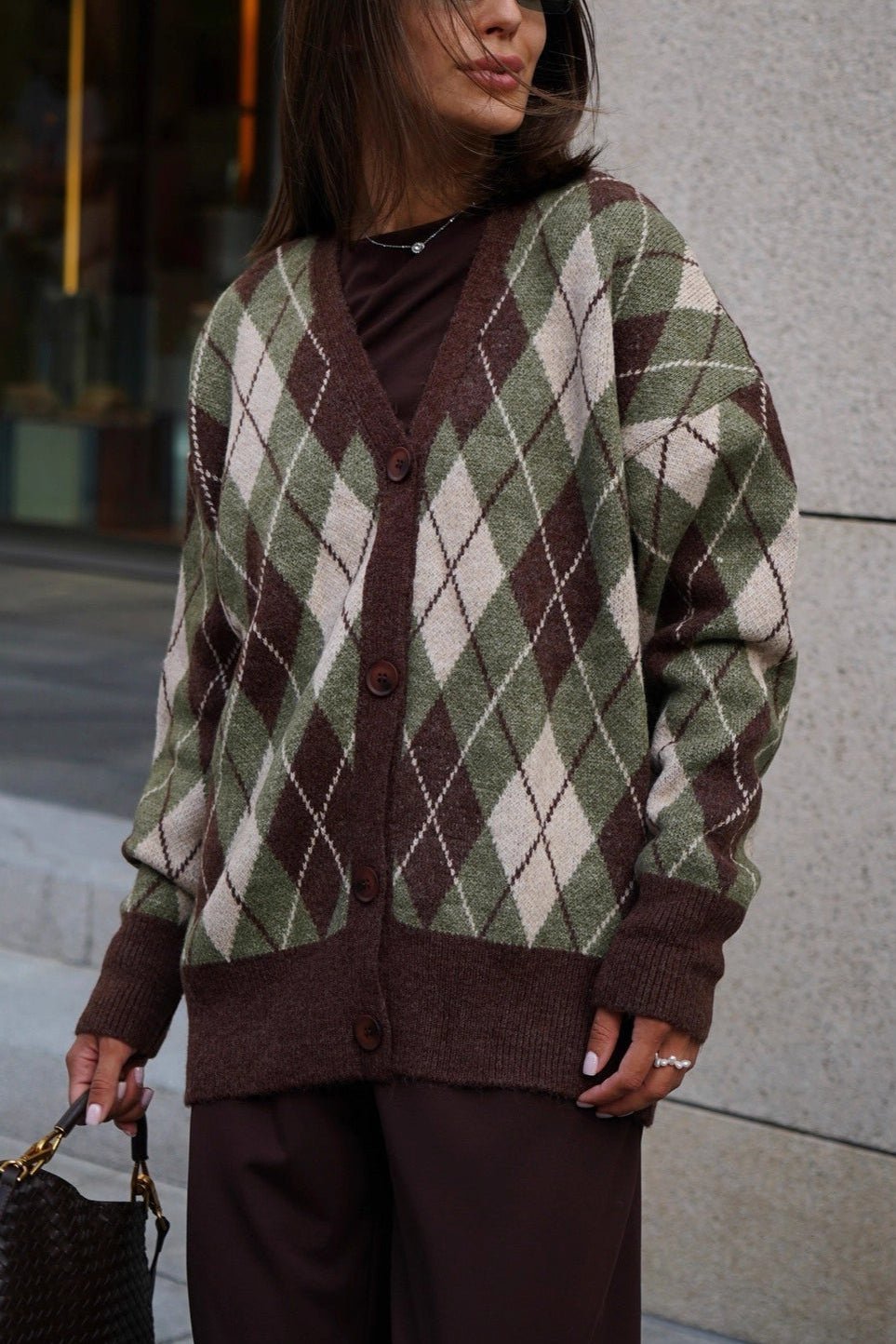 Thick Plaid V Neck Loose Long Sleeve Knit Cardigan