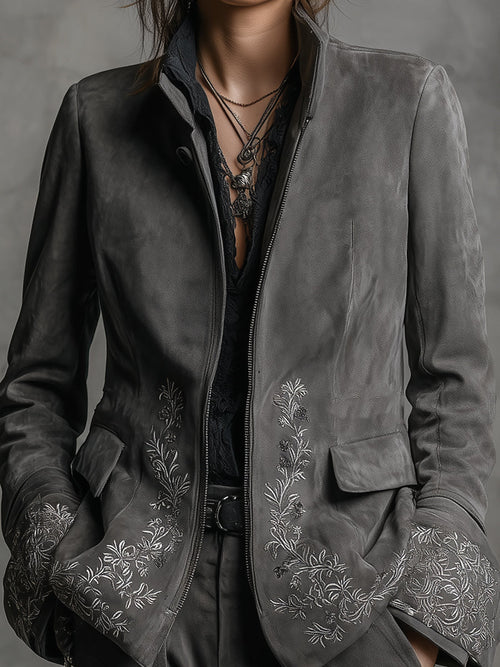 Boho Rock Stand Collar Embroidered Suede Jacket