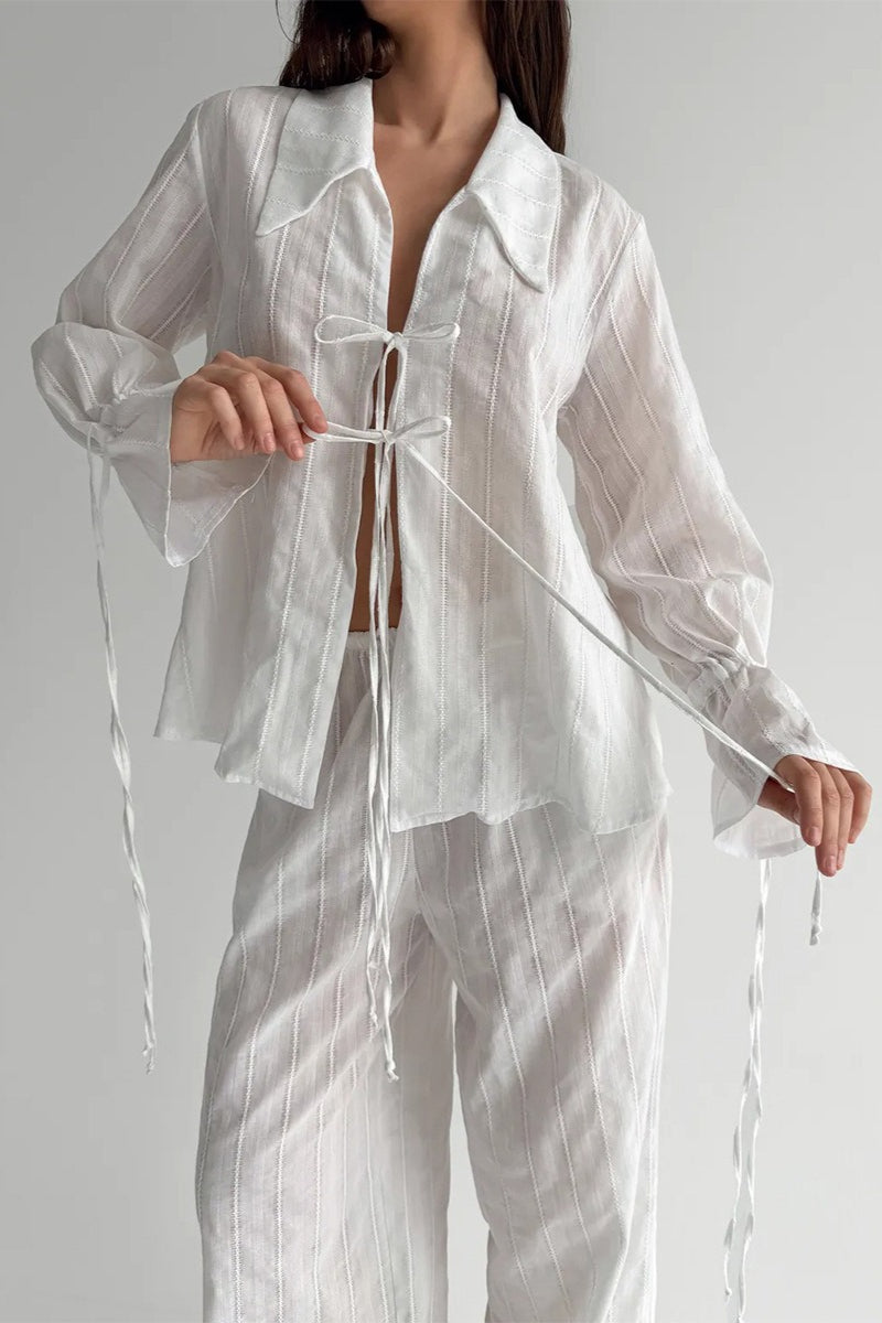 Collared Tie Front Sheer Shirt Pants Set