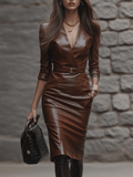 Vintage V-Neck Faux Leather Fitted Pencil Midi Dress