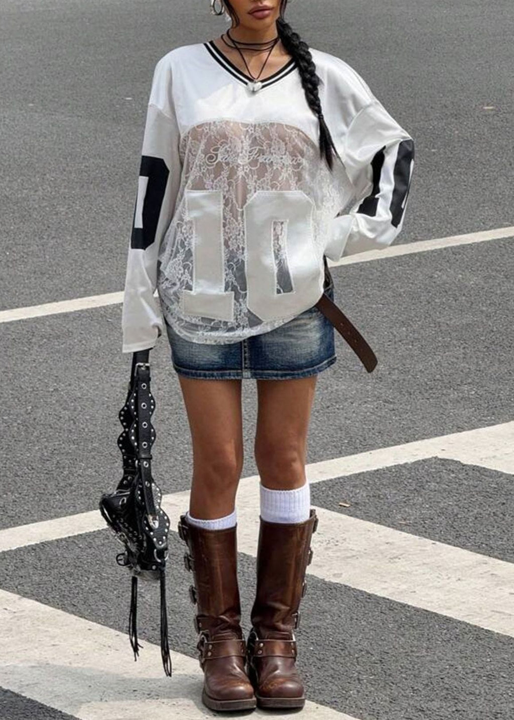 Lace Sheer V Neck Print Sweatshirt