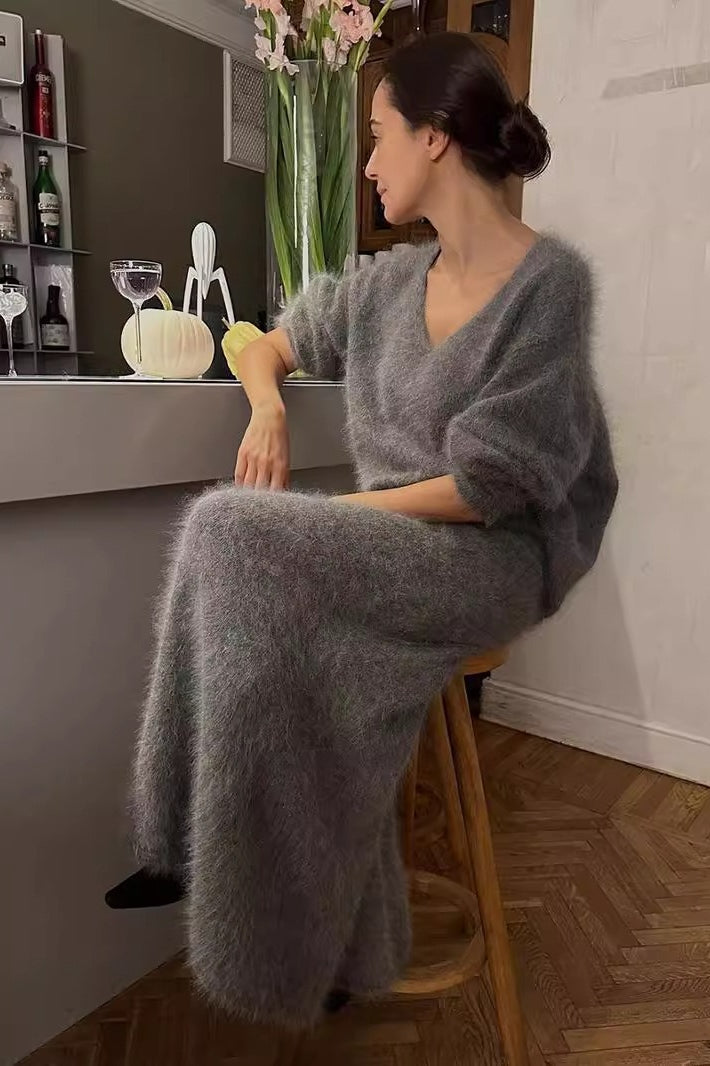 Faux Fur V Neck Sweater Mermaid Skirt Set