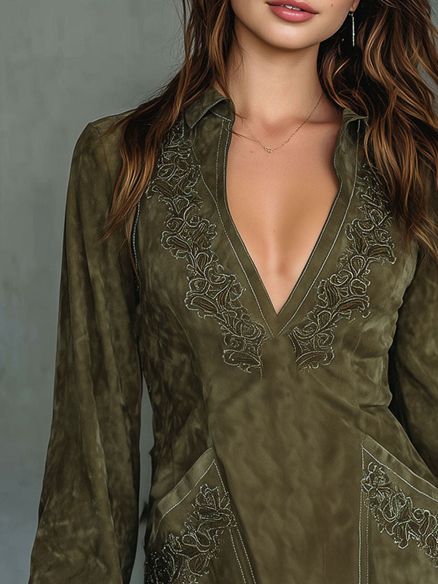 Chic Olive Green Embroidered Microsuede Mini Dress With Pockets
