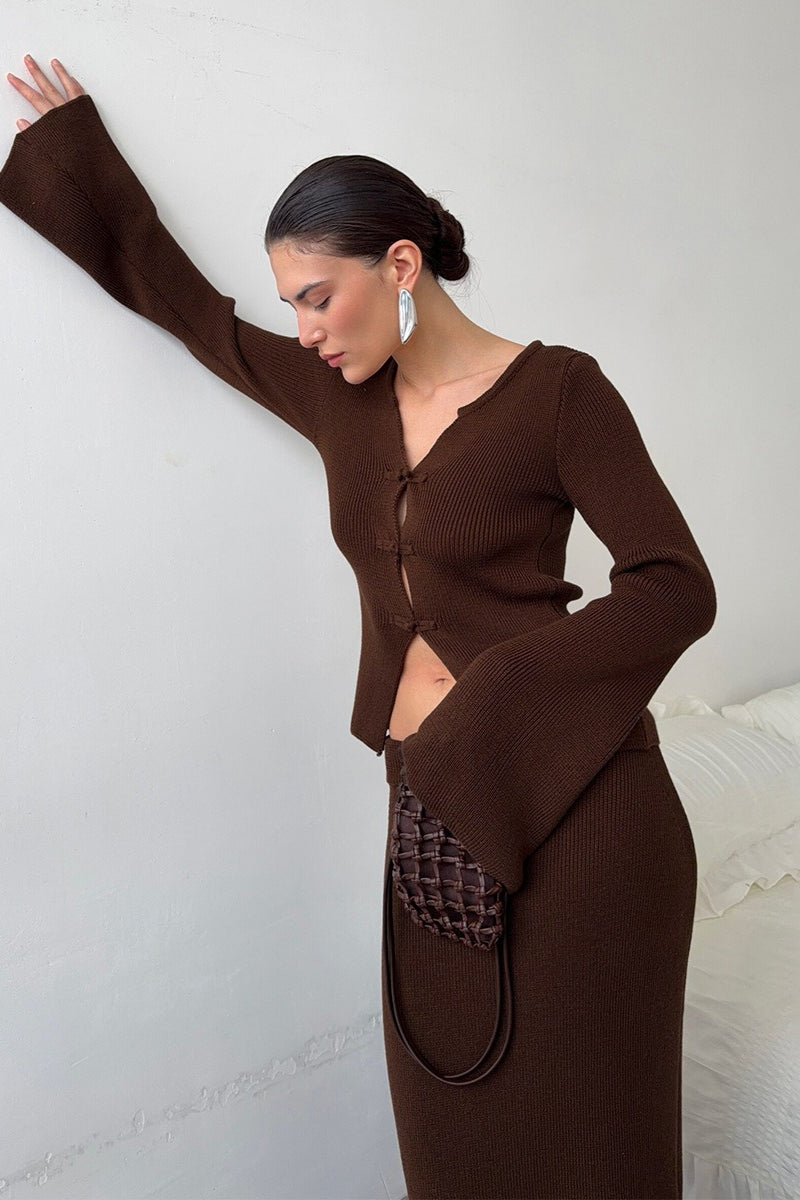 Frog Button Bell Sleeve Knit Maxi Skirt Set