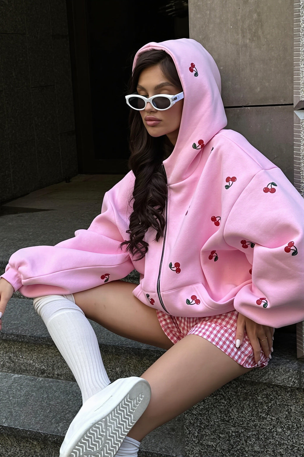 Cherry Print Oversized Zip Hoodie