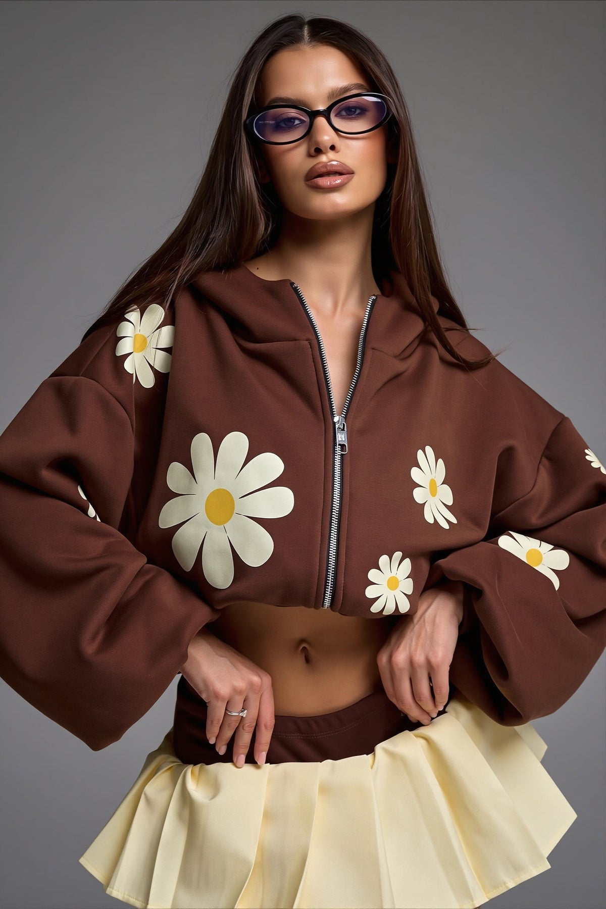 Daisy Print Oversized Zip Hoodie