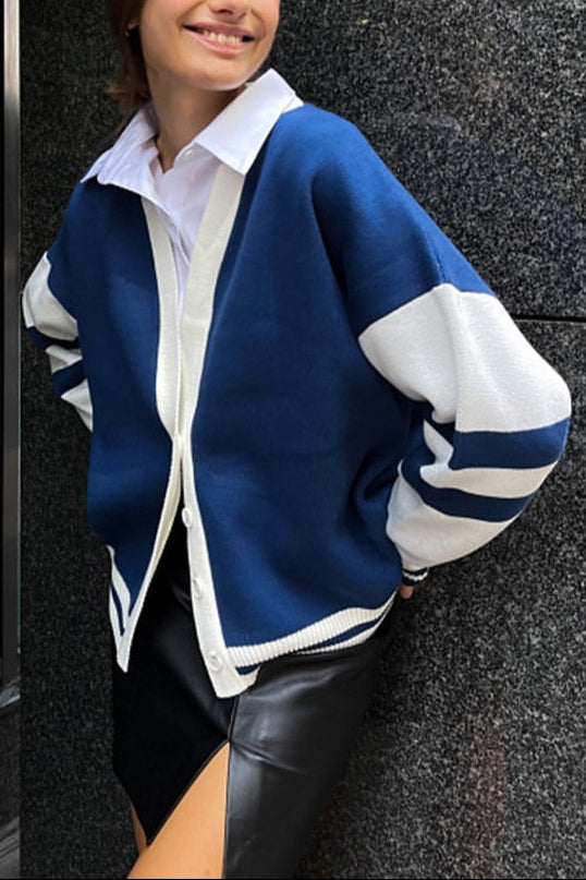 Simple Color Block Striped Relaxed Knit Cardigan