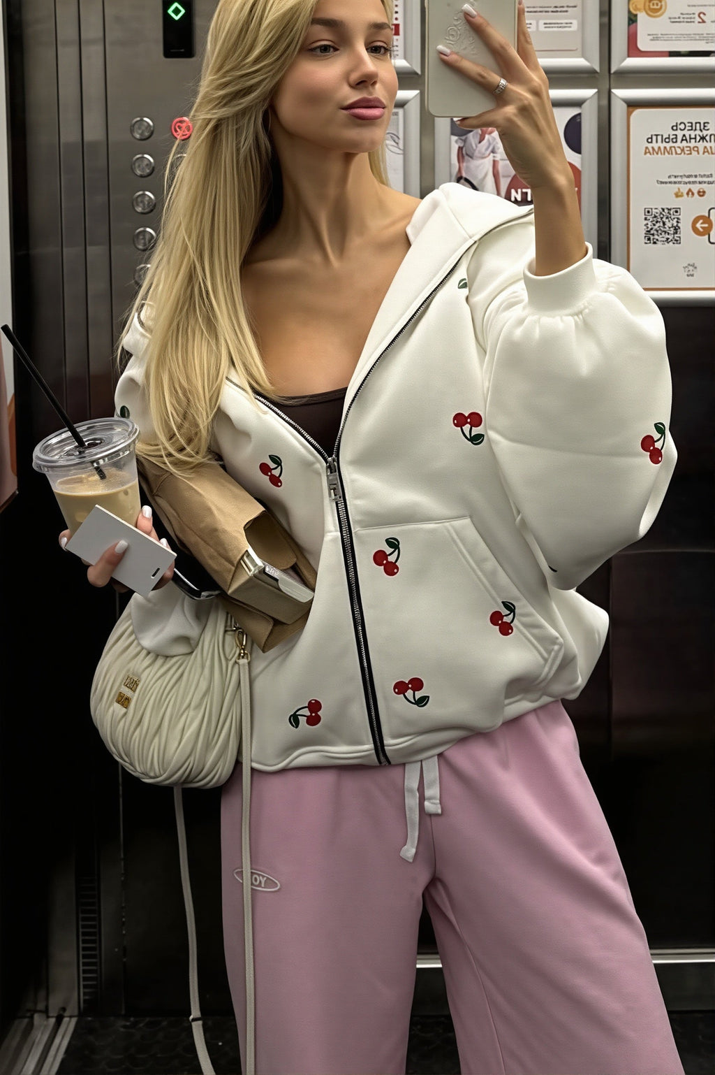 Cherry Print Oversized Zip Hoodie