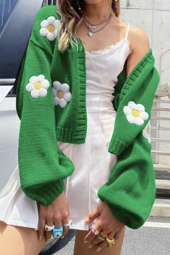 Floral Applique V Neck Button Knit Cardigan