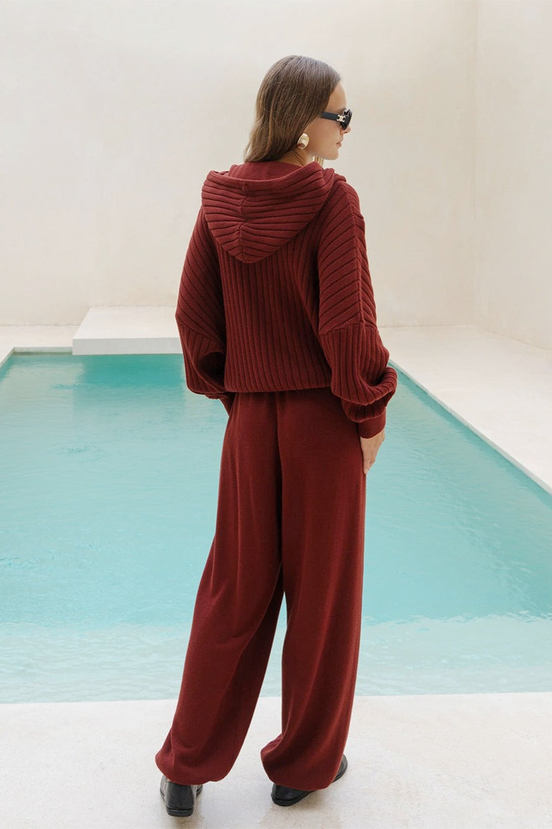 Ribbed Hooded Zip Sweater Harem Pants Set