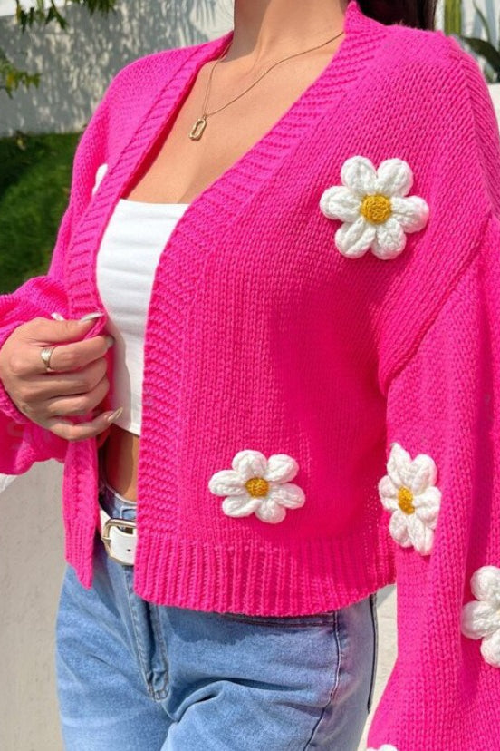 Floral Applique V Neck Button Knit Cardigan