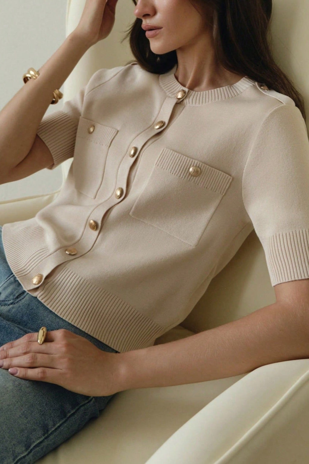 Short Sleeve Pocket Button Knit Cardigan