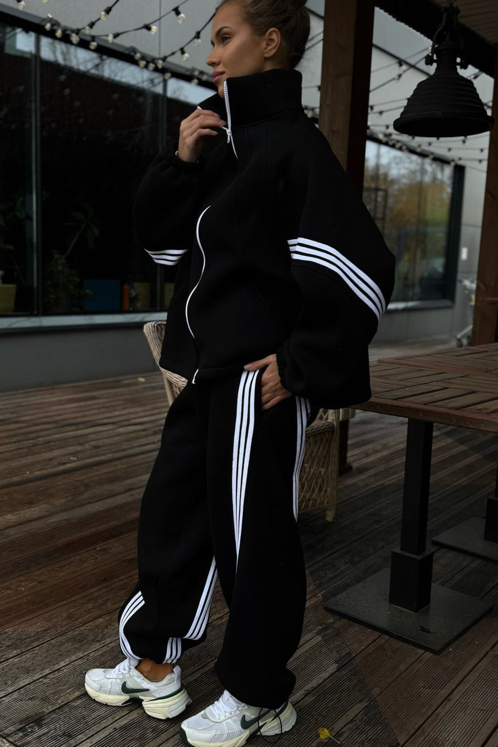 Striped Zip Jacket and Wide Leg Pants Set