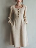 Vintage Tweed Button Long Sleeve Midi Dress