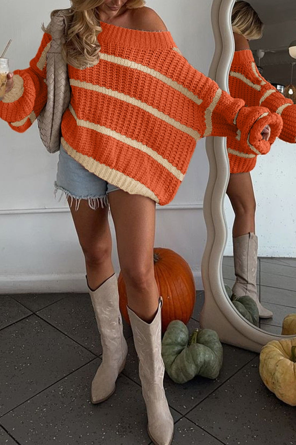 Contrast Stripe Asymmetric Neck Sweater