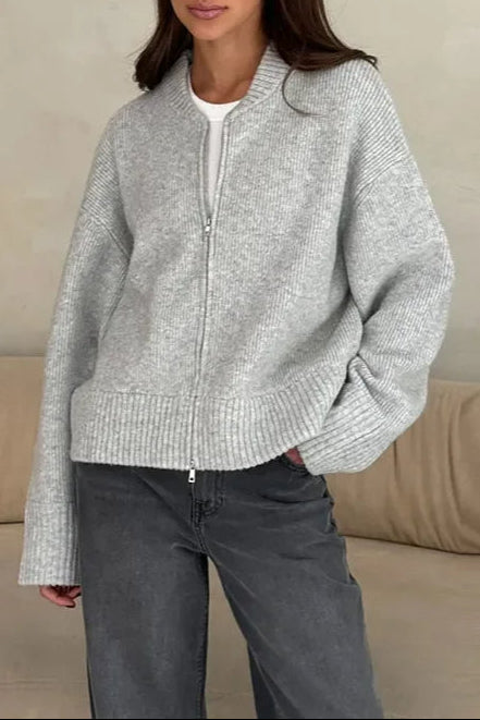 Pleated Knit O Neck Zipper Cardigan