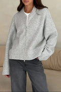 Pleated Knit O Neck Zipper Cardigan