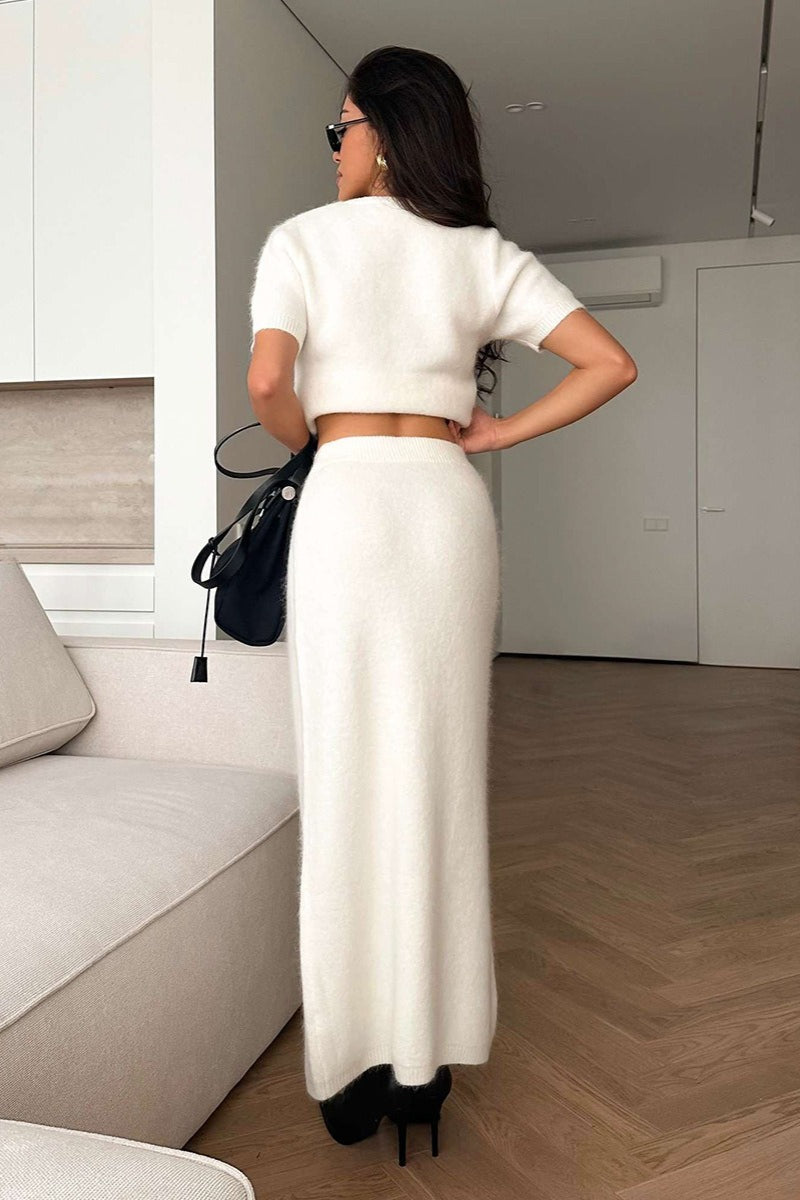 Fuzzy Short Sleeve Knit Top Midi Skirt Set
