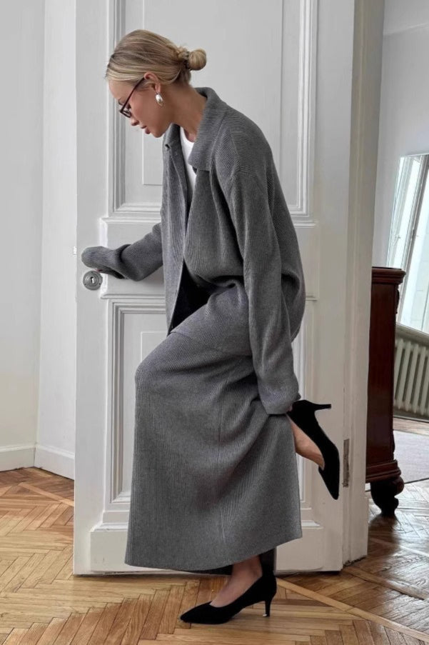 Polo Cardigan Midi Skirt Knit Set
