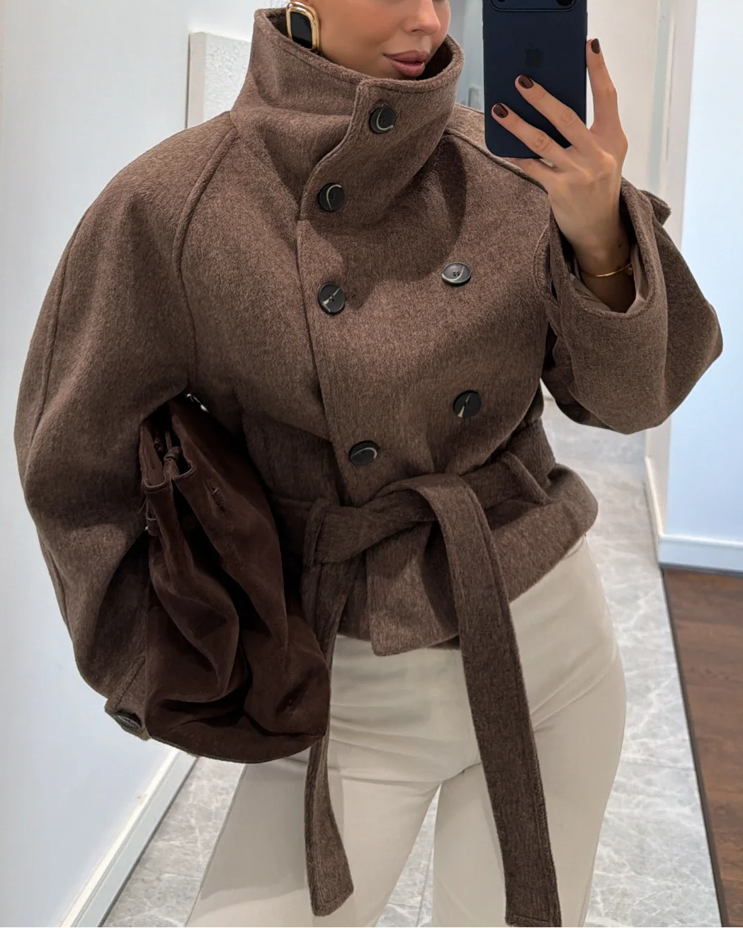 Double-Breasted Belted Funnel Neck Wool-Blend Cropped Coat