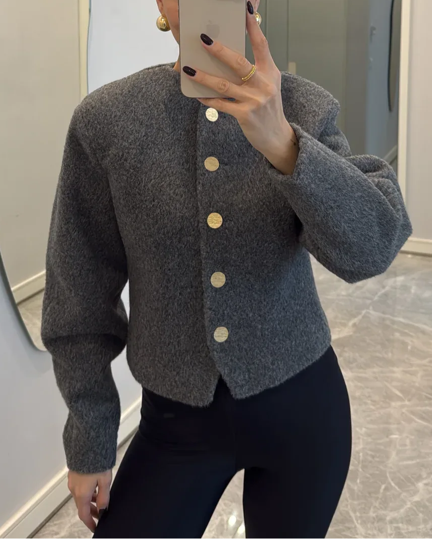 Gold Button Collarless Balloon Sleeve Cropped Knit Jacket