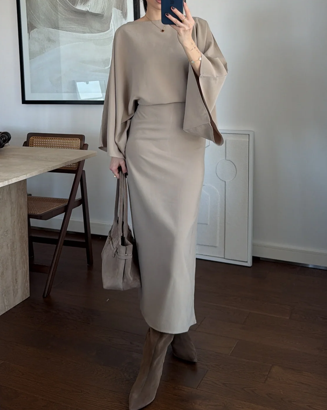Batwing Sleeve Drawstring Waist Midi Dress