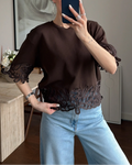 Broderie Anglaise Hem Puff Sleeve Relaxed Crop Top