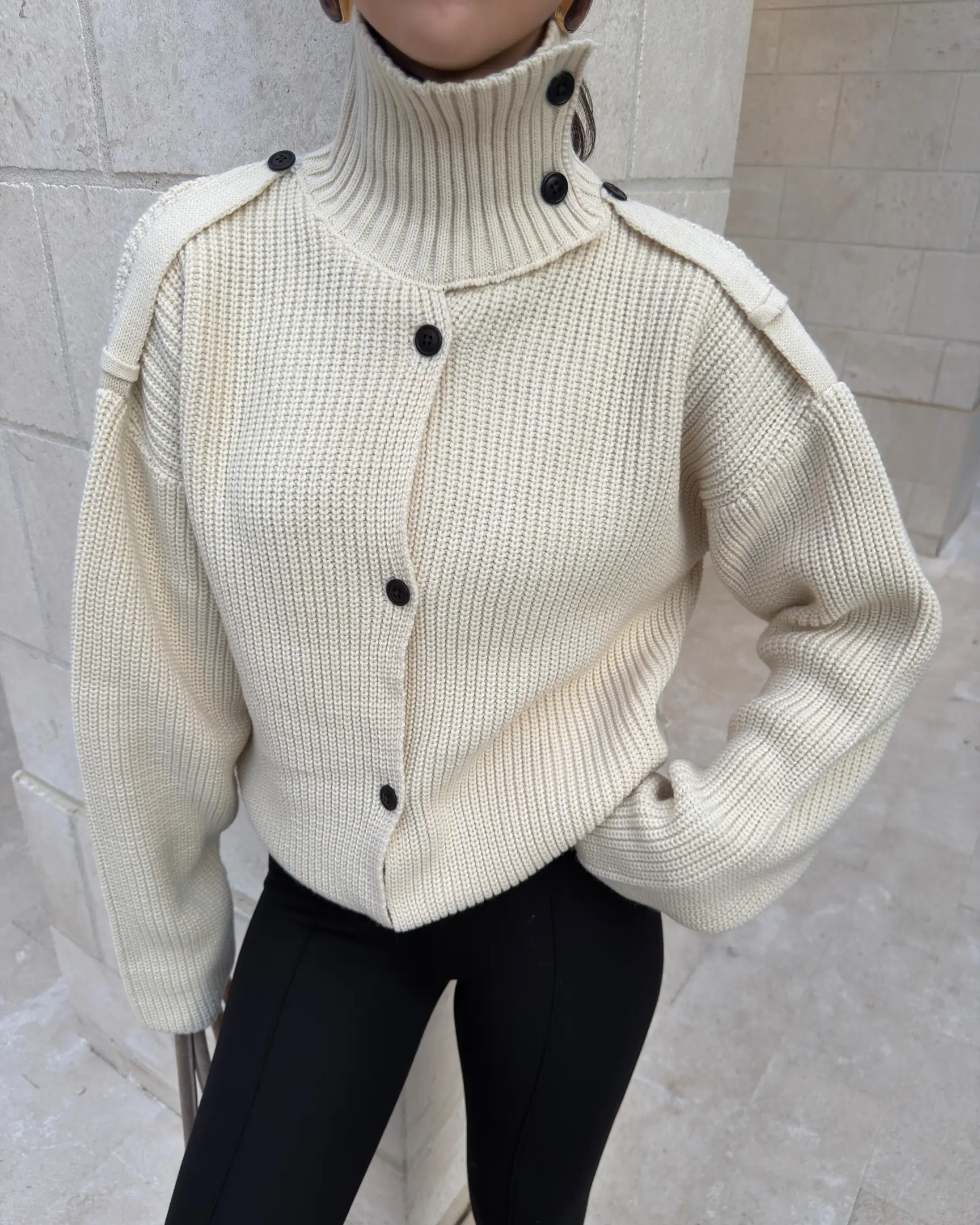 Double-Breasted Button Turtleneck Oversized Knit Sweater