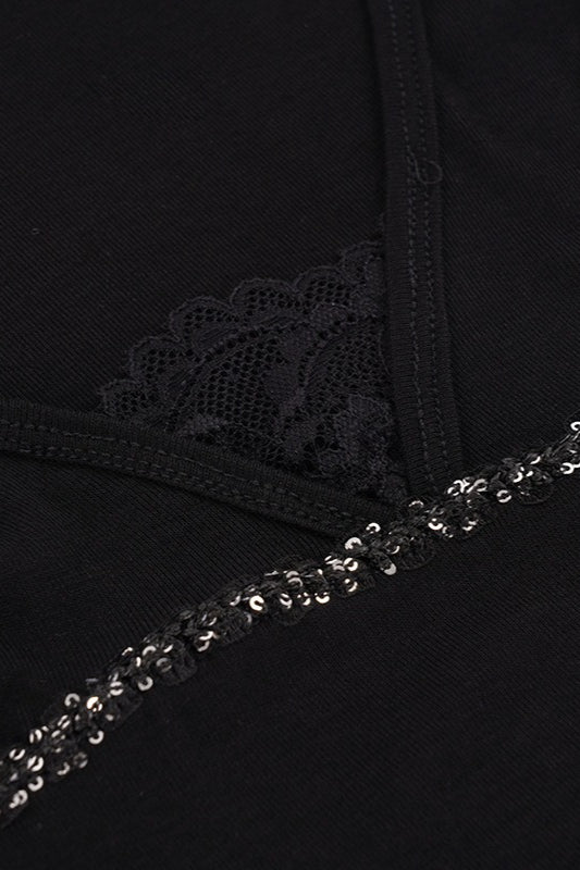 Lace Inset Deep V Flared Sleeve Blouse