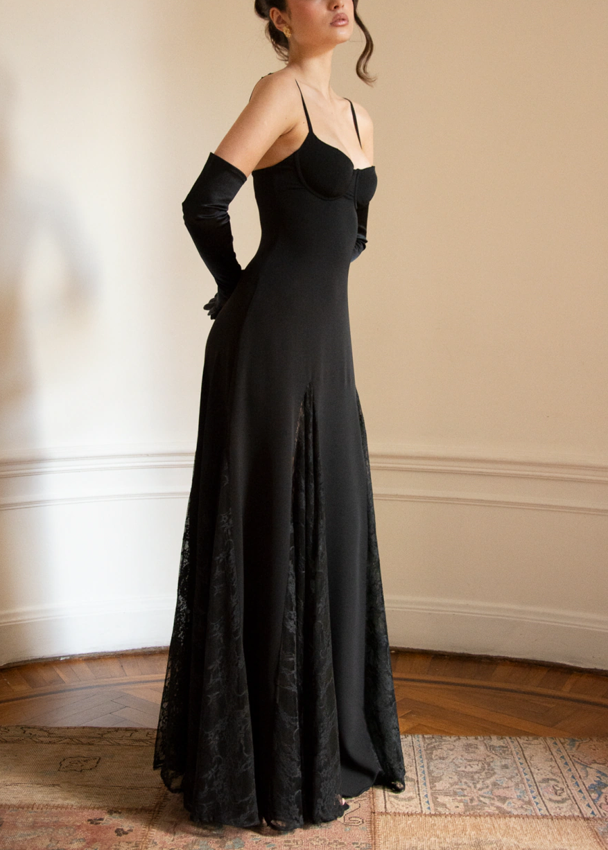 Black Lace Panel Sleeveless Gown