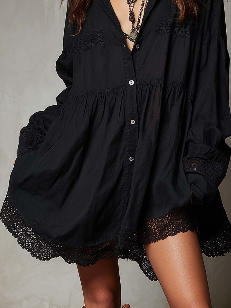 Retro Loose-fitting Lace Details Mini Dress