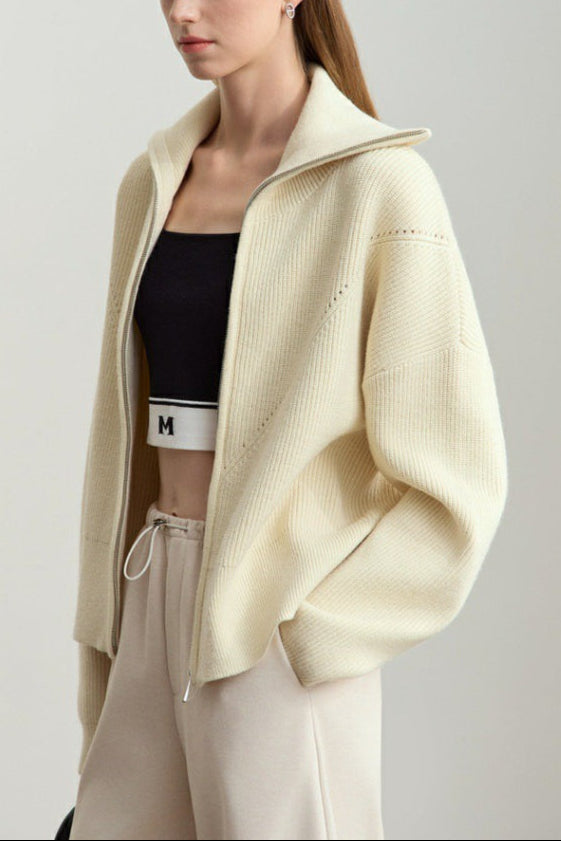Naval-Collar Zip Lazy-Style Thick Knit Cardigan