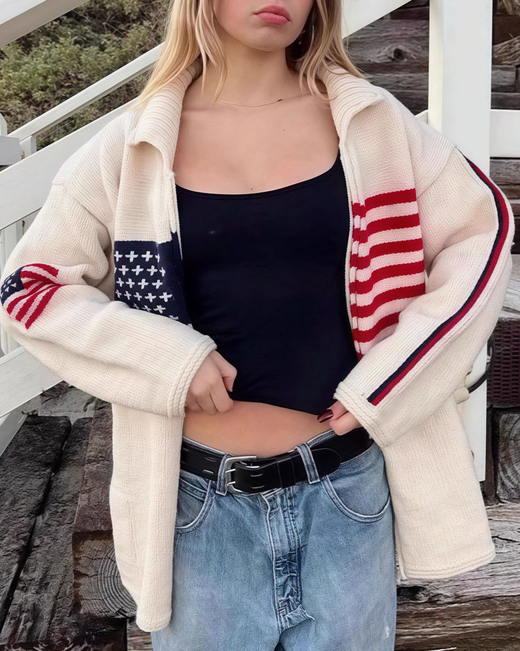 Warm Flag Print Stylish Knit Cardigan