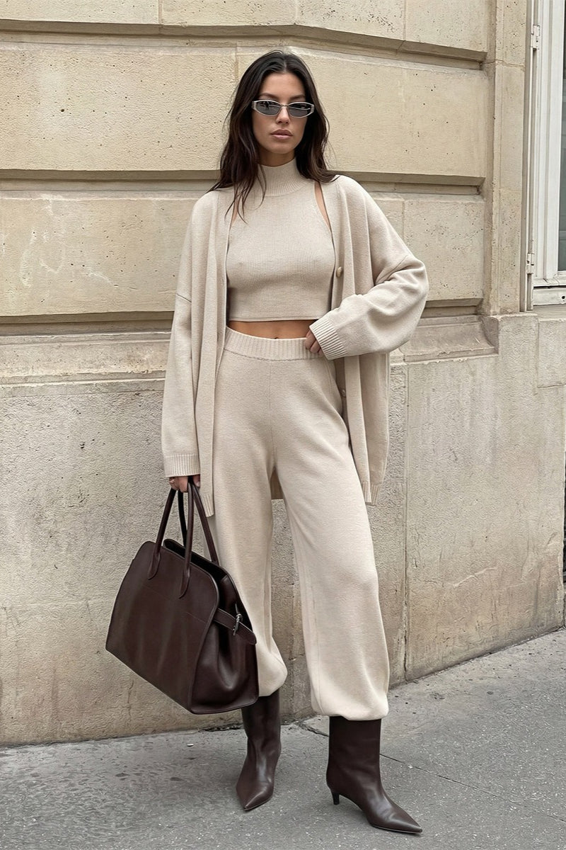 Cardigan Camisole Wide Leg Pants Knit Set