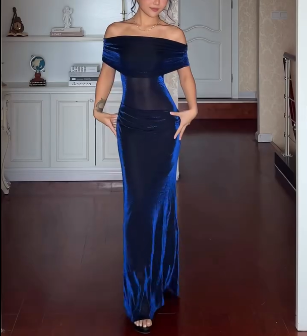 Navy Blue Ruched Off-Shoulder Maxi Dress