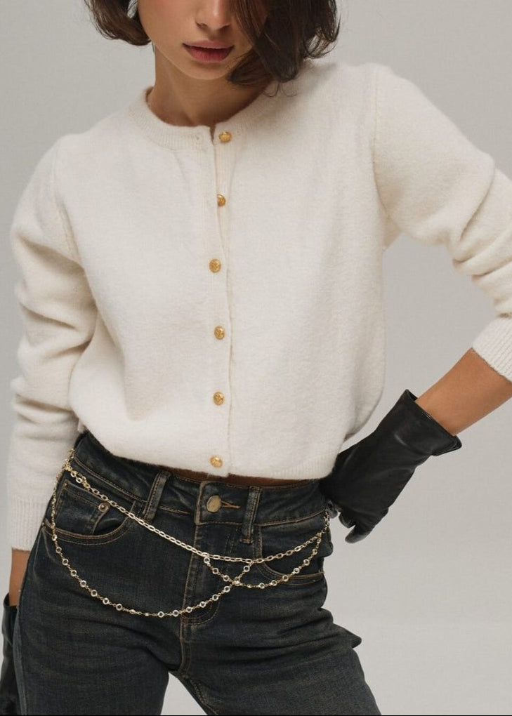 Minimalist Knitted Gold Buckle Crew Neck Cardigan