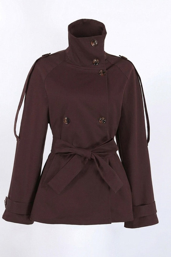Shoulder Tie High Neck Belted Trench Coat