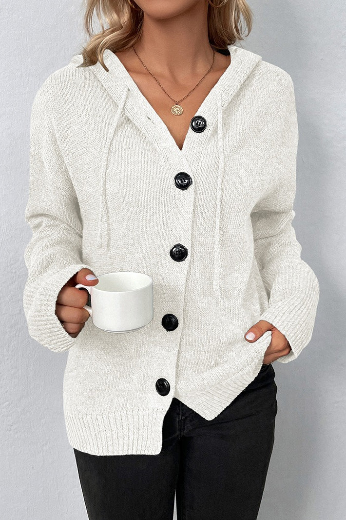Hooded Drawstring Button Front Knit Cardigan
