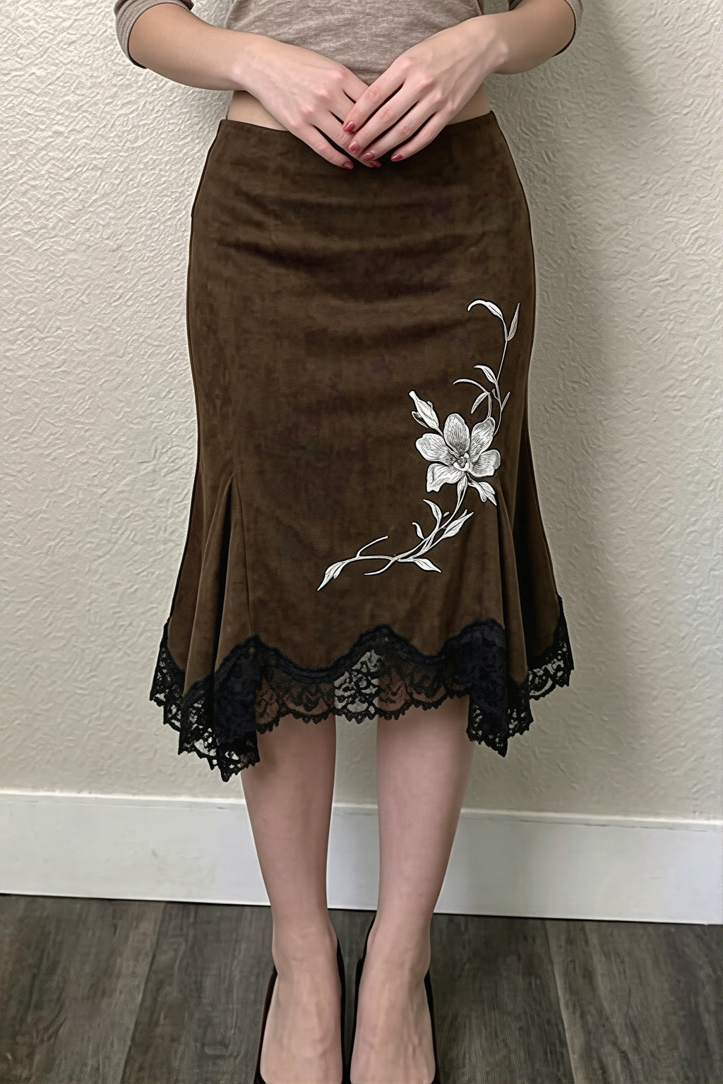Floral Embroidered Lace Hem Midi Skirt