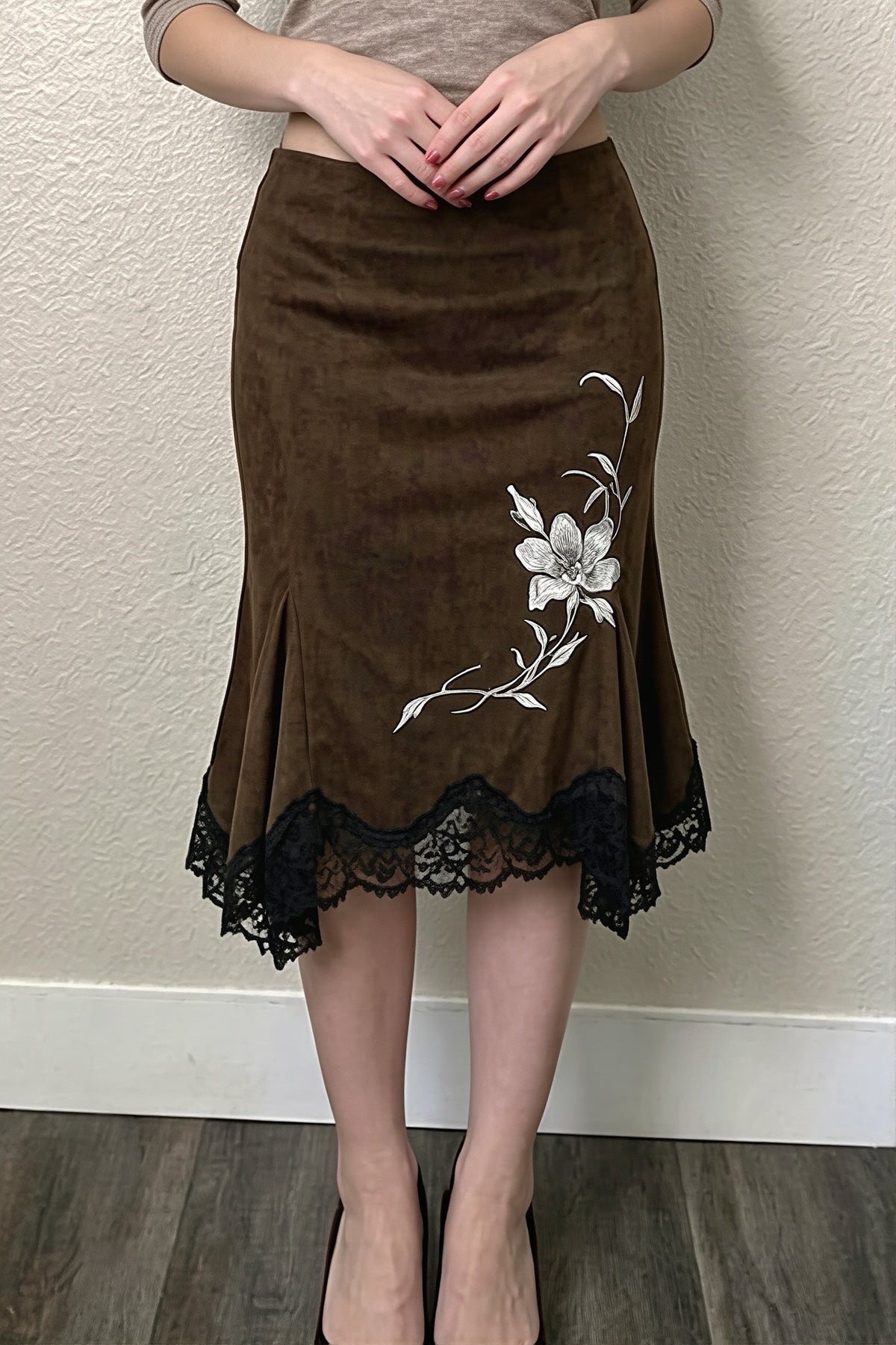 Floral Embroidered Lace Hem Midi Skirt