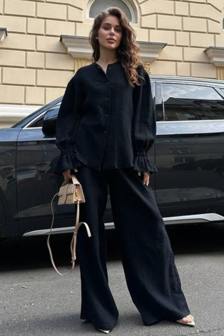 Balloon Sleeve Cotton Cardigan Wide Leg Pants Set