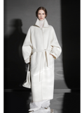 Chain Pattern Wool Coat for Women – Double-Faced Alpaca Wool Overcoat with Leather Trim, Chic Oversized Silhouette Winter Outerwear
