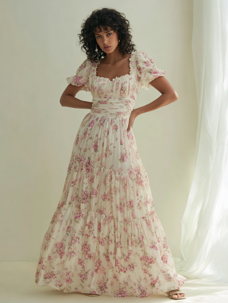 Floral Smocked Bodice Puff Sleeve Maxi Dress