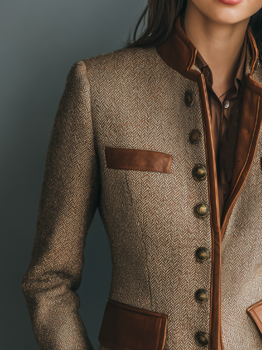 Vintage Eco-Leather Trim Pocket Tweed Jacket