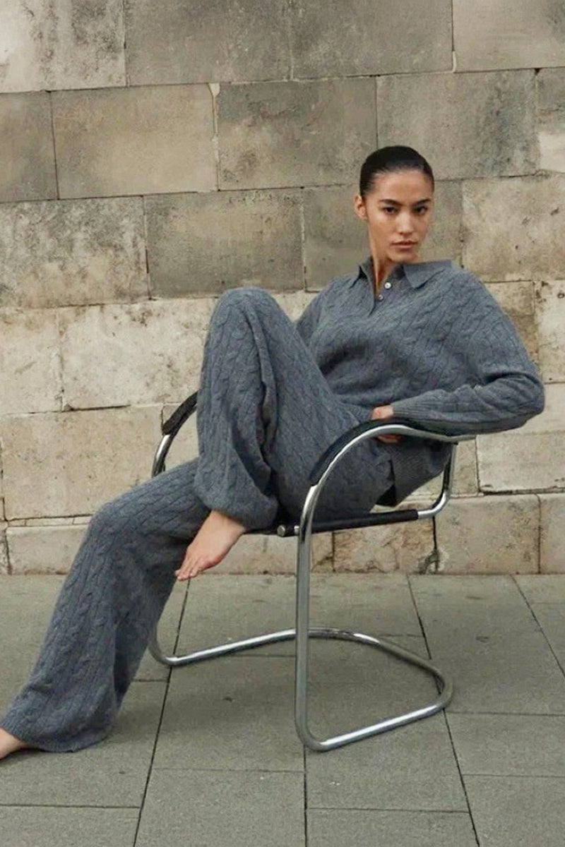 Cable Polo Sweater Straight Pants Knit Set
