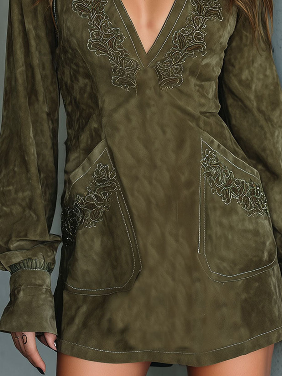 Chic Olive Green Embroidered Microsuede Mini Dress With Pockets