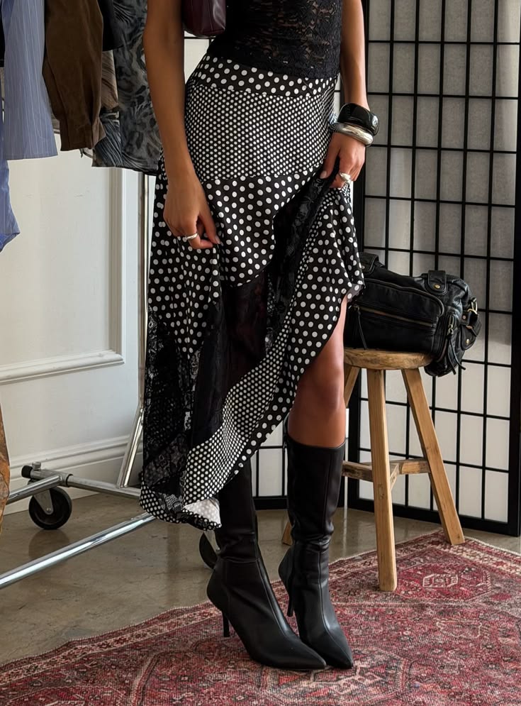 Polka Dot Lace Panel Asymmetric Midi Skirt