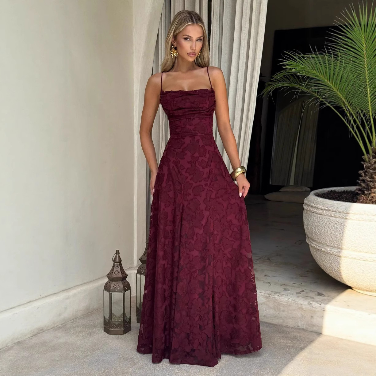 Thin straps jarquard maxi dress